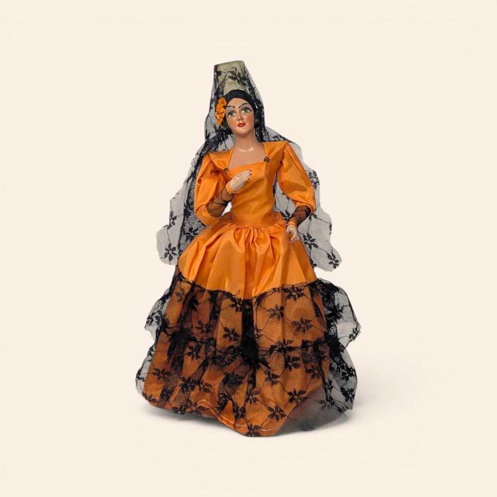 Vintage Spanish Senorita Doll in Orange Dress and Black Lace Mantilla